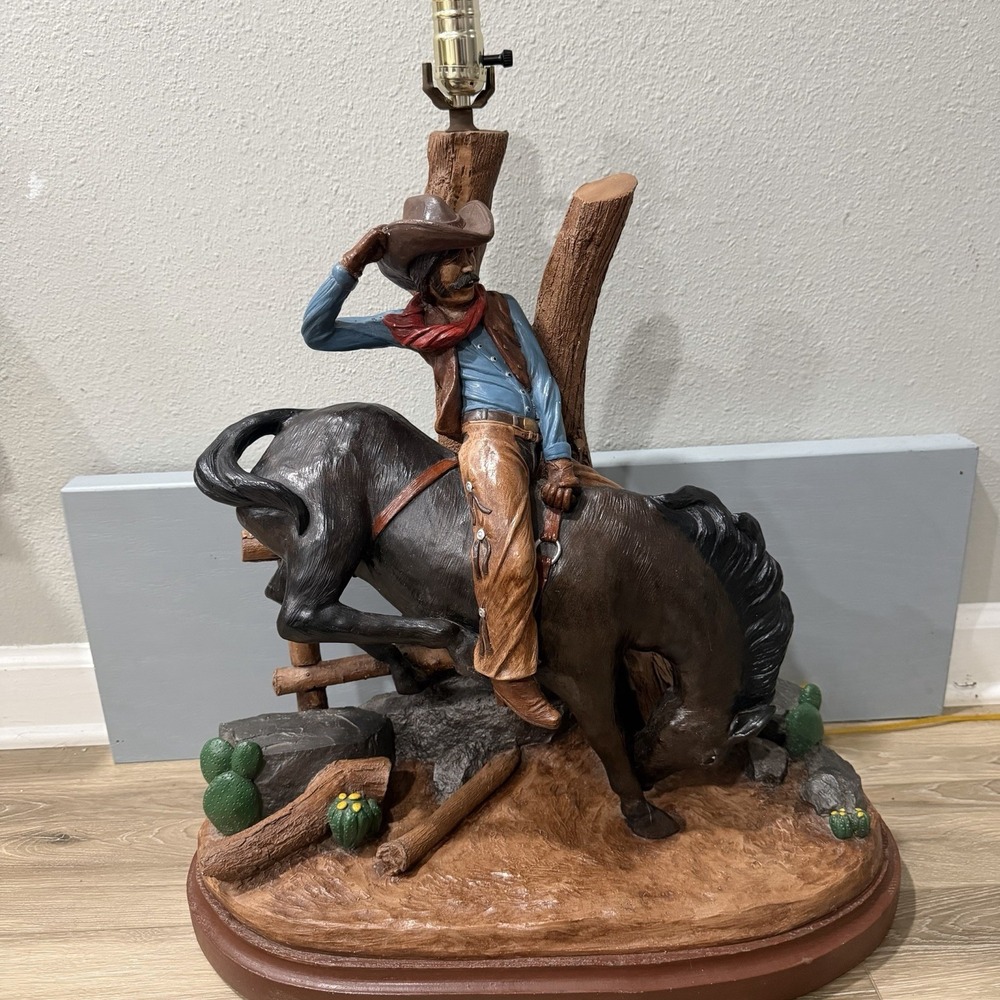 Vintage Apsit Bros 1981 Calif Western Cowboy With Horse Table Lamp Chalkware